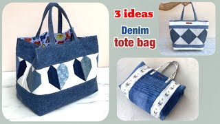 3 ideas denim tote bag from scrap old jeans sewing diy denim tote bag tutorial with zipper diy bag [upl. by Jeffrey]