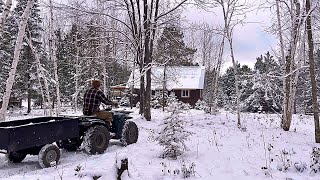 First Snowfall Of 2023 At Our Off Grid Cabin In The Woods Firewood Peeling Logs [upl. by Scales555]