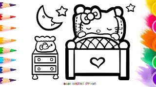 How to Draw and Color Hello Kitty Sleeping  Easy Step By Step [upl. by Tacklind]