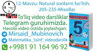 12 Mavzu Natural sonlarni bo‘lish 205 235 Misollar [upl. by Ponton]