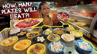 HOW MANY PLATES WILL I EAT REVOLVING HOT POT BAR at Chubby Cattle in LAS VEGAS RainaisCrazy [upl. by Haek]