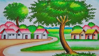 Beautiful Village Drawing  How to Draw my Village  Prakritik Drishya Drawing Painting [upl. by Chancellor]