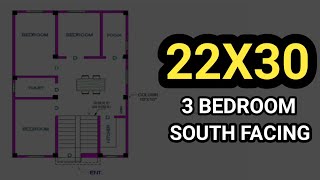 22x30 sqft house plan 3 bedroom  22x30 house plan south facing  22 ft by 30 ft house design [upl. by Zoubek90]