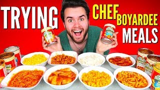 TRYING CHEF BOYARDEE CANNED MEALS  Ravioli Chicken Alfredo Mac N Cheese amp MORE Taste Test [upl. by Akiemehs]