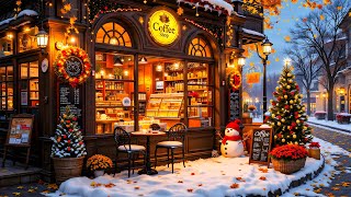 Warm Holiday Jazz Music 🎅 Snowy Night at a Cozy Street Coffee Shop in Festive Winter Town [upl. by Enwahs982]