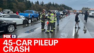 45 drivers crash in Kent I5 shuts down  FOX 13 Seattle [upl. by Orag]