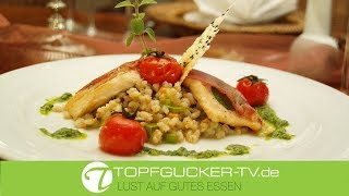 Gebratenes Saiblingsfilet mit Copa an Kräuterpesto und GemüseGraupenrisotto  TopfguckerTV [upl. by Trawets]