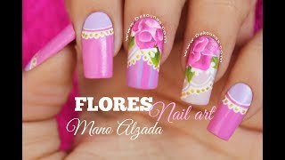 Diseño de uñas flores a mano alzada  One stroke Nail art [upl. by Ahsaret]