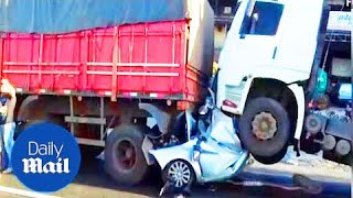 Motorist found ALIVE after being crushed between two trucks [upl. by Gorton21]