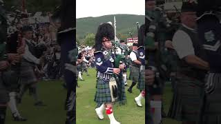 Massed Pipes Bands playing on the march after they arrive at 2023 Ballater Highland Games shorts [upl. by Lyndsay]