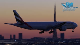 MSFS  PMDG 777  Dubai Sunset landing with ARPC Sky Mod [upl. by Chadabe]