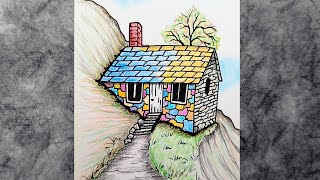 Colored Pencils and Ink Landscape Scenery Drawing  Pencil Sketch Tutorial House Mountains Tree [upl. by Ennahteb336]