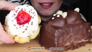 Salted Caramel ASMR chocolate mousse cake cream tart Mukbang bites only [upl. by Yelekreb]