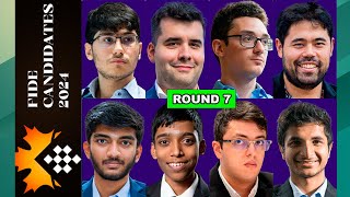 Round 7  FIDE Candidates Chess Tournaments 2024  Hikaru Caruana Pragg Firouzja Gukesh Nepom [upl. by Crisey]