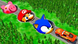 Mega Sonic amp Mario amp Piggy Pit Vs Lightning McQueen And Huge amp Tiny PIXAR CARS BeamNGDrive Battle [upl. by Rolat855]