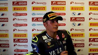 2024 Bennetts British Superbike R7 Thruxton Race 1 podium reactions [upl. by Leinaj425]