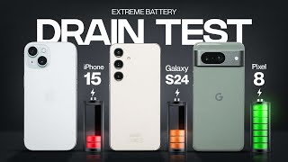 Samsung Galaxy S24 vs iPhone 15 vs Pixel 8 EXTREME Battery Drain Test  MOBILE DATA 4G [upl. by Merp153]