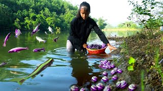 Harvesting Snails Under Pond How To Grow Water Spinach Snails Cook With Sour Bamboo Shoots [upl. by Haneekas]