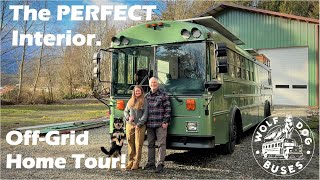 Off Grid School Bus Conversion  FULL TOUR  The Green Bus [upl. by Elrae273]