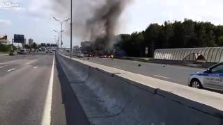 Raw Video Gas Cylinders Exploding On Roadway in Russia [upl. by Atinram]