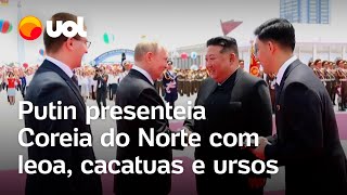 Putin presenteia Coreia do Norte com leoa cacatuas e ursos [upl. by Odilia]