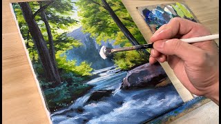 Acrylic Painting Woodland Stream Landscape  Stepby Step Acrylic Painting [upl. by Mixie]