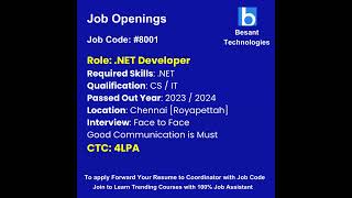 NET Developer Job OpeningsJoin amp Get PlacementsBesant Technologies shorts ytshorts job [upl. by Yrtua637]