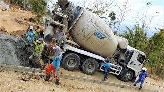 Extreme Concrete Paving On Steep Road By Hino 500 Ready Mix Cement Truck [upl. by Lebasy]