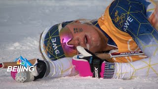 Crosscountry carnage Exhausted skiers biathletes collapse at finish line  2022 Winter Olympics [upl. by Maleki693]