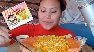 ASMR Spicy buldak CREAM Carbonara salmon sashimi  Eatingsound No talking [upl. by Kcaj]