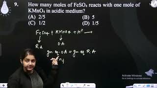 How many moles of FeSO4 reacts with one mole of KMnO4 in acidic medium [upl. by Leirej]