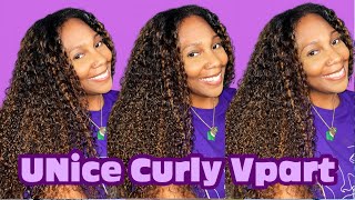 UNice Curly V part with Balayage Highlights  Easy Protective Style unicehair unicehairwig vpart [upl. by Rakso865]