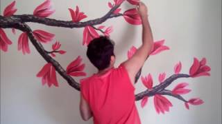 Pintando galho sobre cama quarto  pintura decorativa tipo adesivo de parede [upl. by Kerrill972]