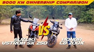 Honda CB 200X Vs Suzuki Vstrom SX 250 Comparison and Ownership Video  performance Mileage Pros Cons [upl. by Ahtanaram18]