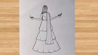 Beautiful Diwali Drawing  Diwali Festival Drawing For Beginners  Girl Celebrate Diwali Drawing [upl. by Hola]