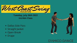 West Coast Swing IntAdv Class Dallas Side PassStraight Jacket Open Break Drape [upl. by Inattyrb]