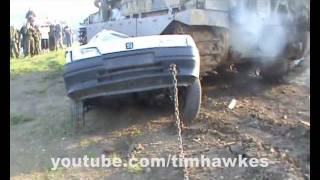 Mini van is destroyed by a Chieftain tank [upl. by Buckels]