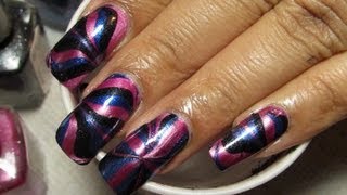 Metallic Pink Black amp Blue  Water Marble March 2013 5  DIY Nail Art Tutorial [upl. by Nahsez]