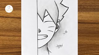 Easy anime sketch  how to draw Boruto Uzumaki half face easy step by step  Drawing Naruto [upl. by Kettie]