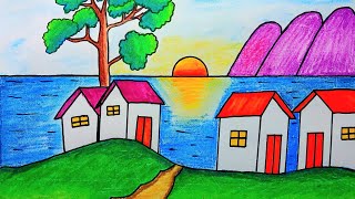 How to draw a beautiful village scenery  Indian village scenery drawing  Prakritik drishya drawing [upl. by Cumine]