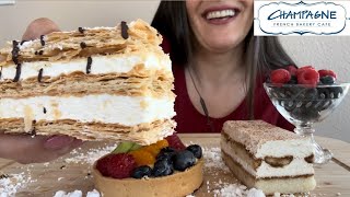 CHAMPAGNE FRENCH BAKERY POPULAR DESERTS NAPOLEON CAKEFRUIT TARTTIRAMISU ASMR EATING SOUNDS [upl. by Fairfax]