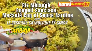 Cuisine  Secours Catholique et Cindy  Riz Mélangé Rougail Saucisse Massalé Coq et Sauce Sardine [upl. by Manus]