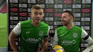 Do we look happy Martin Boyle Ryan Porteous react to Hibs advancing to Premier Sports Cup final [upl. by Llerrah]