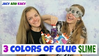 3 Colors of Glue Slime Challenge  Blindfolded  Jacy and Kacy [upl. by Yendys600]