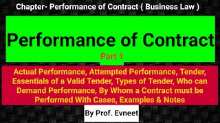 Performance of Contract in Indian Contract Act 1872 Part 1 CA Foundation Tender amp its Essentials [upl. by Halian]