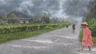 Heavy Rain and Thunderstorms in Beautiful Village Life  Walk in a Thunderstorm in the Afternoon [upl. by Laram]