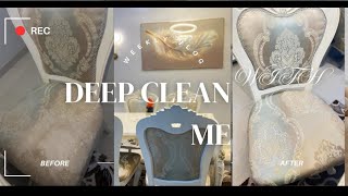 Deep clean my dining fabric chairs with me steam cleaning tiles and wallstough stain mixturesteam [upl. by Correy]