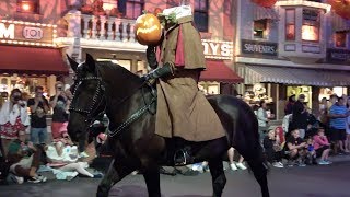 Headless Horseman Rides Pre Parade with Ichabod Crane at Mickeys Halloween Party  Disneyland [upl. by Suiramed2]