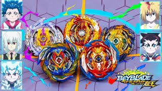 SURGE 5 ACHILLES VS VALKYRIE VS FAFNIR VS SPRIGGAN VS LONGINUS Beyblade Burst Surgeベイブレードバースト超王 [upl. by Lemyt]