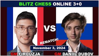 Rematch  Alireza Firouzja vs Daniil Dubov  Blitz Chess 30  ChessCom  November 3 2024 [upl. by Nihcas]